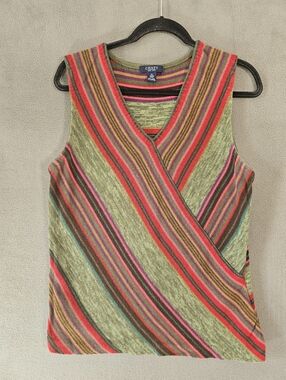Chaps Size XL Southwestern Linen Blend V-Neck Green Red Chevron Striped Top